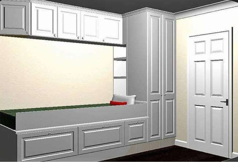 A 3D plan Jay drew up for a fitted bedroom with wardrobes, over-bed units and a storage bed