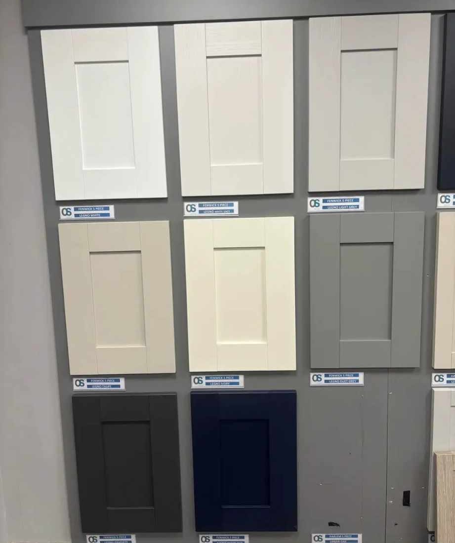 Shaker door samples in white, cream, grey, charcoal and navy